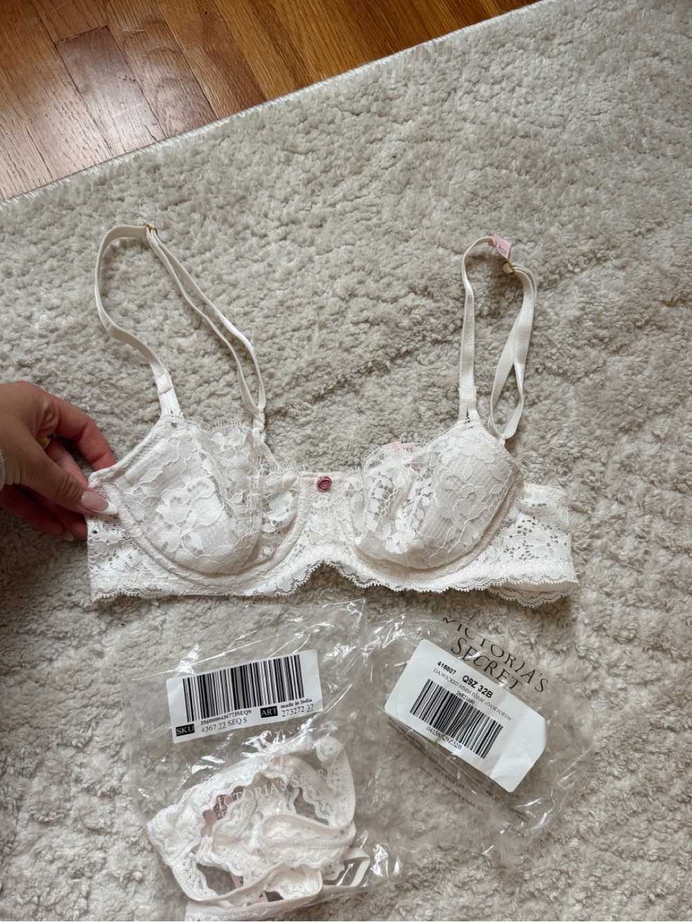 Victoria Secret coconut white lace balconette bra and thong set